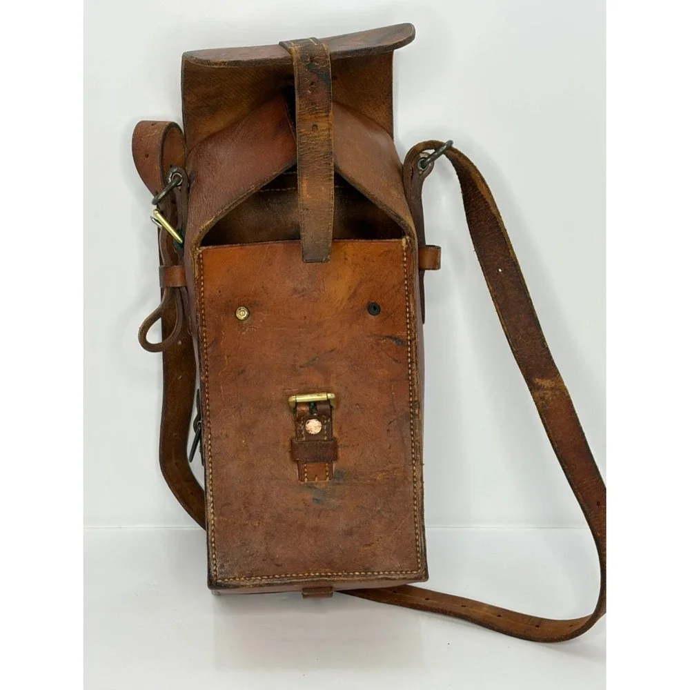 Vintage Brown Leather Military Field Bag Messenger Crossbody Buckle Strap